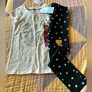 Disney Princess shirt with Cat and Jack Black leggings with white Polk a dots